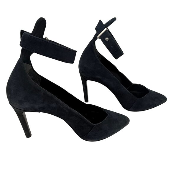 Maje Blue Suede Heels Detachable Brown Faux Fur Cuffs Pointed Toe 37 US 6.5 - Picture 9 of 12